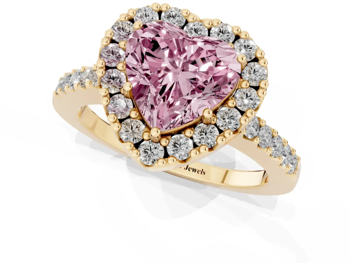 Fancy Pink Heart Cut Halo Diamond Pavé Solitaire Ring Yellow gold