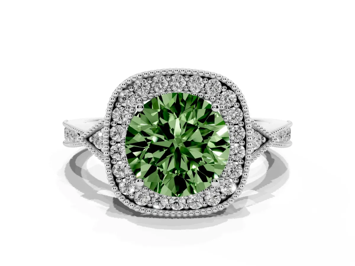 Fancy Green Round Cut Halo Round Diamond Milgrain Pave Engagement Ring Silver