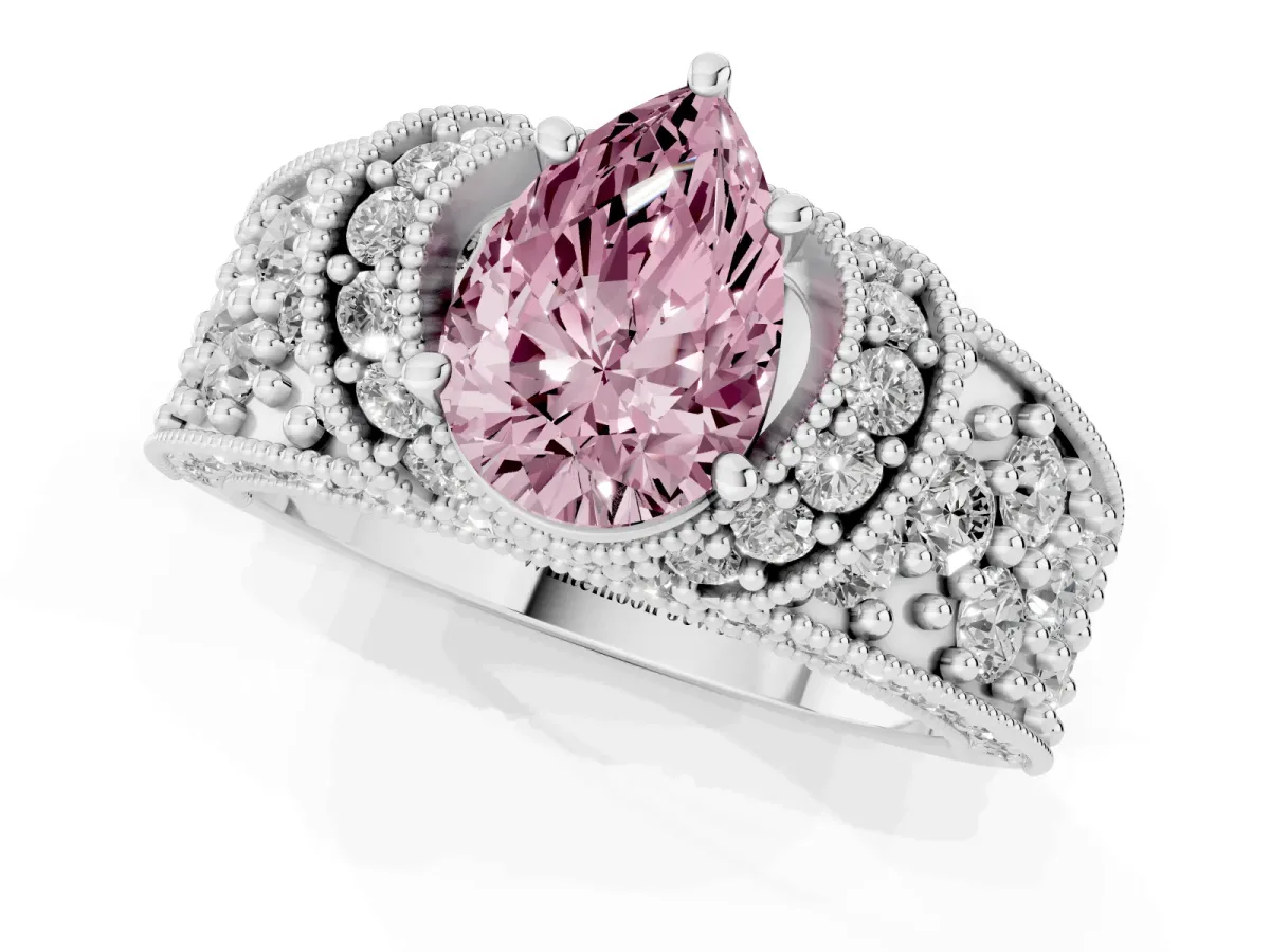 Fancy Pink Pear Cut Halo Pave Diamond Engagement Ring with Milgrain Detailing Silver