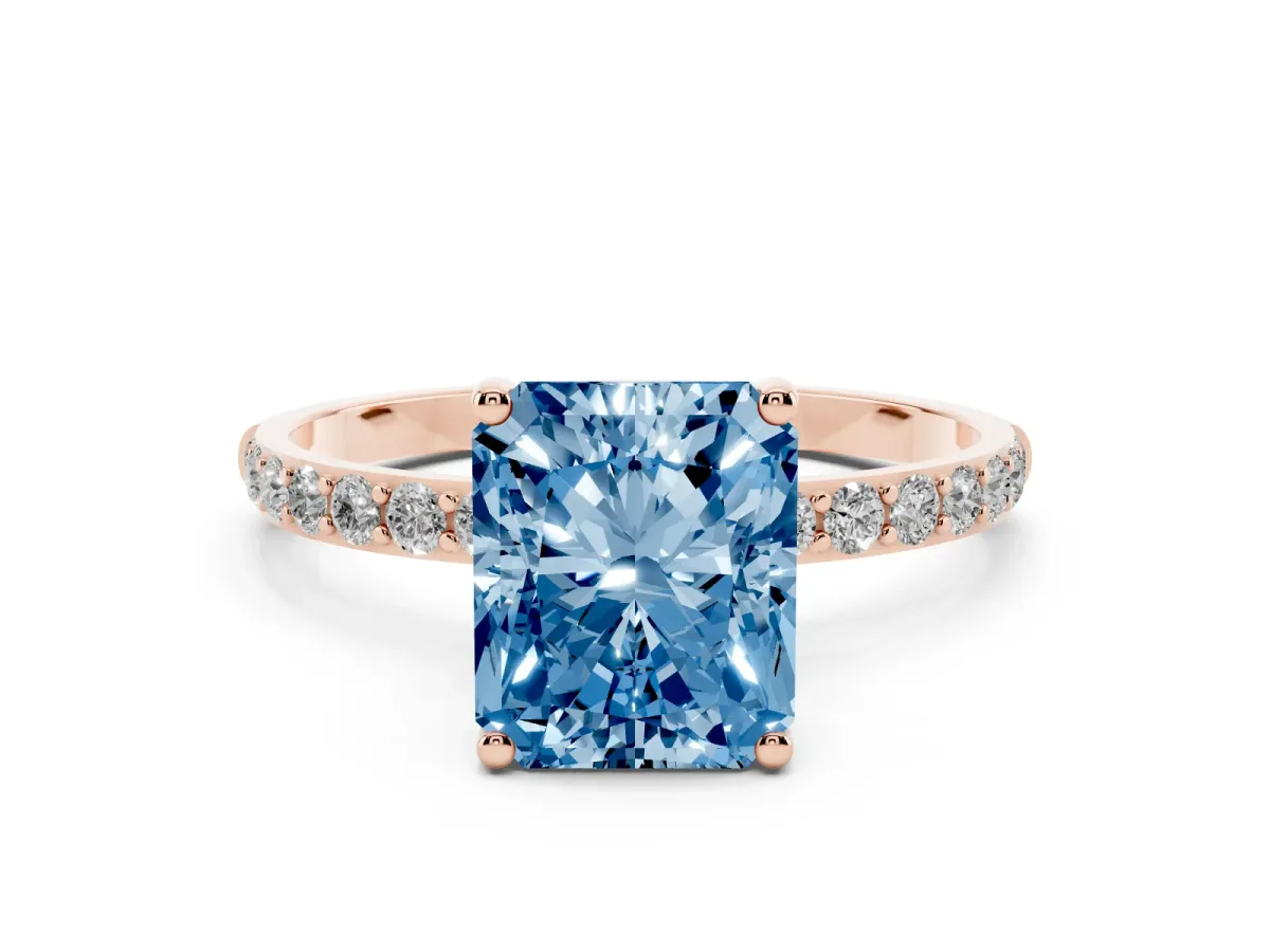 Fancy Blue Radiant Cut Diamond Solitaire Ring with Round Pavé Shoulders and Prong Setting Rose gold