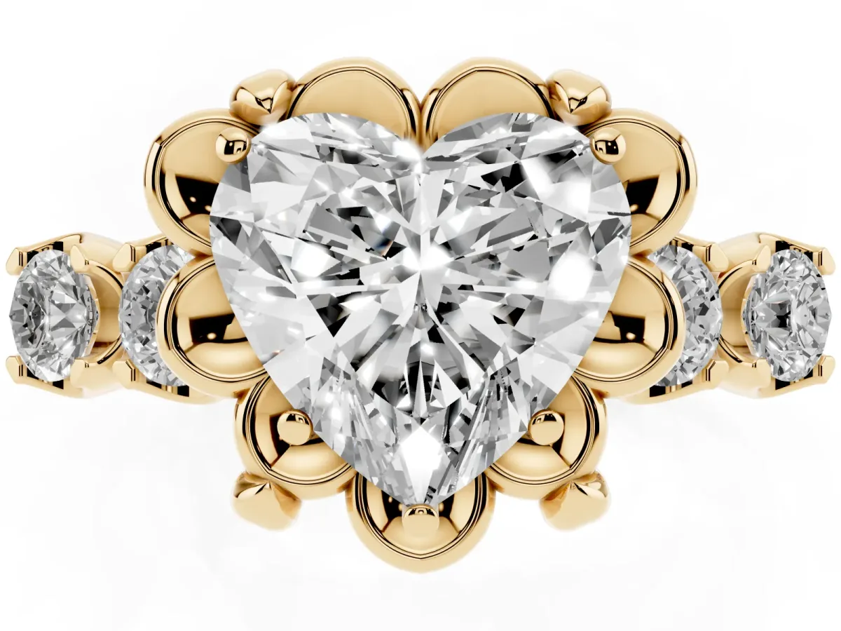 Heart Cut Cut Diamond Floral Halo Engagement Ring with Shared Prong Setting Yellow gold
