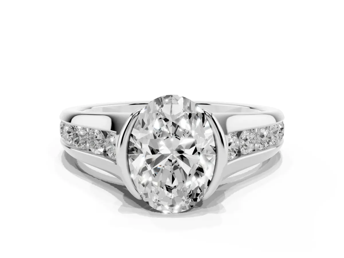 Oval Cut Solitaire Bezel-Set Diamond Ring with Channel-Set Band Silver