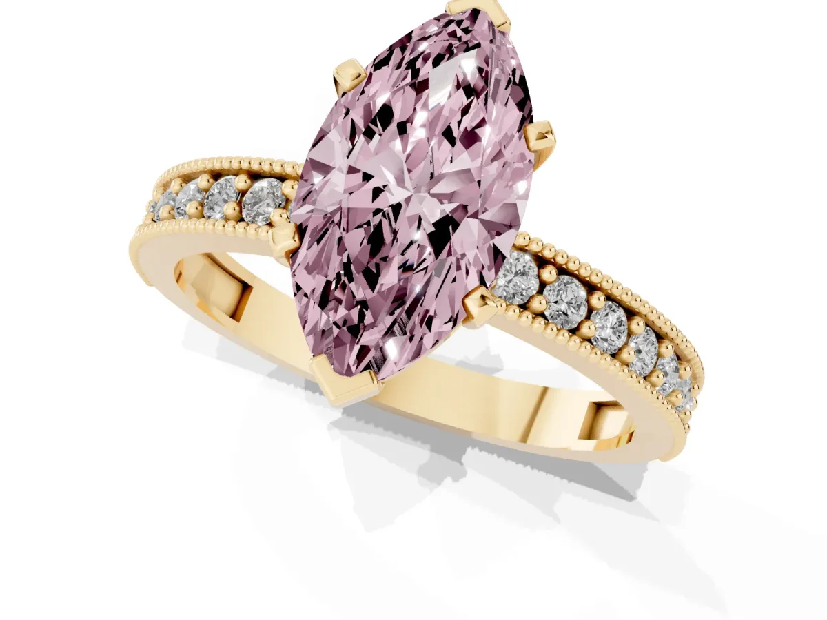 Fancy Pink Marquise Cut Diamond Milgrain Pavé Engagement Ring with Four-Prong Setting Yellow gold
