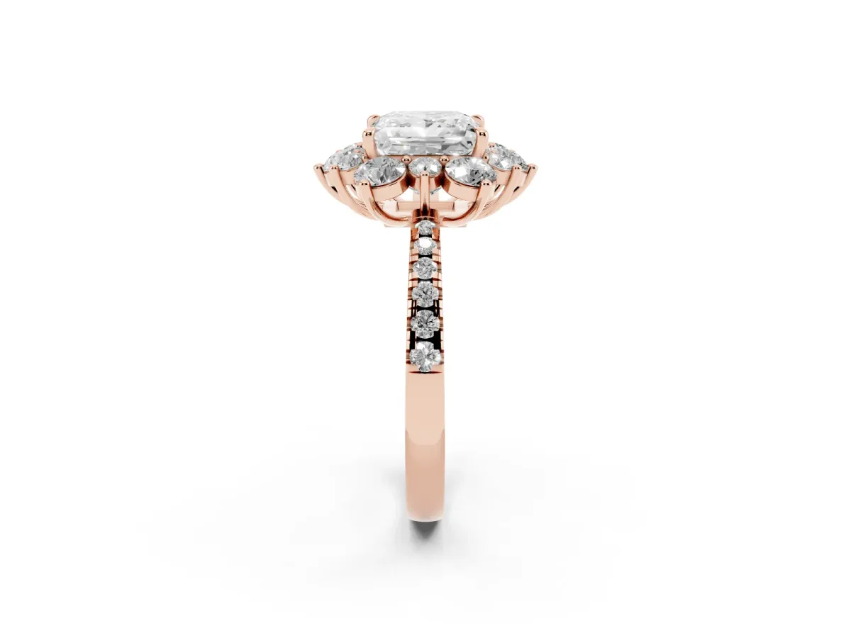 Princess Cut Diamond Floral Halo Ring with Round Pavé Band and Prong Setting Rose gold