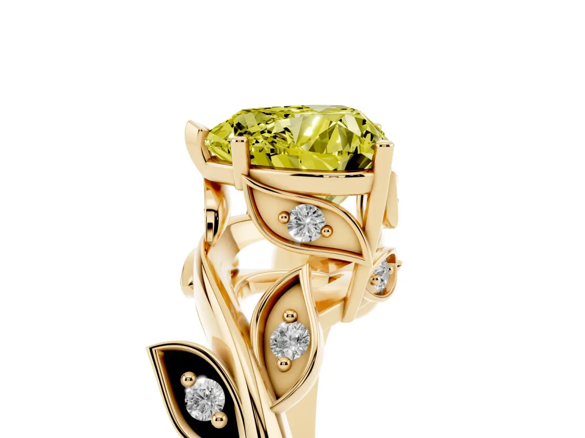 Fancy Yellow Heart Cut Solitaire Twist Engagement Ring with Leaf Accents and Prong Setting Yellow gold
