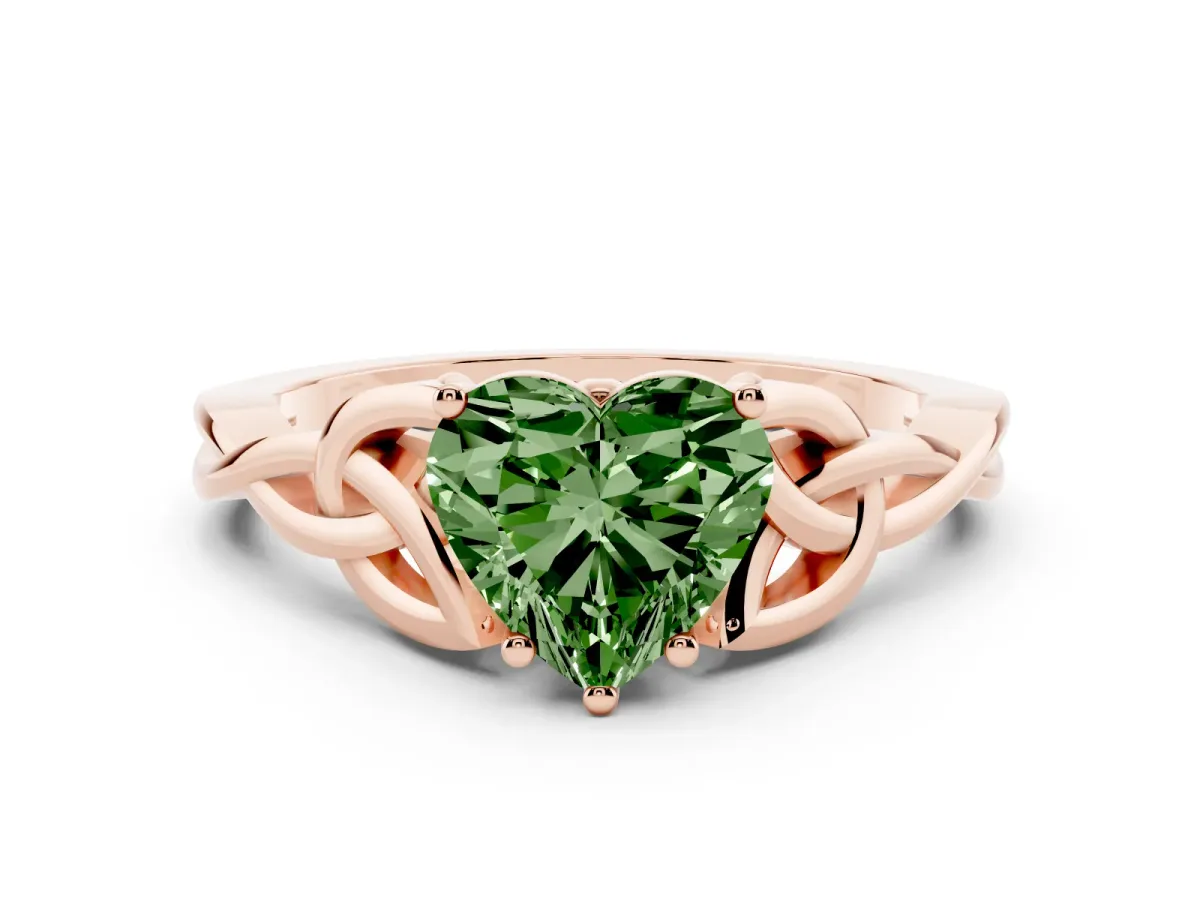 Fancy Green Heart Cut Diamond Solitaire Engagement Ring with Celtic Knot Band and Four-Prong Setting Rose gold