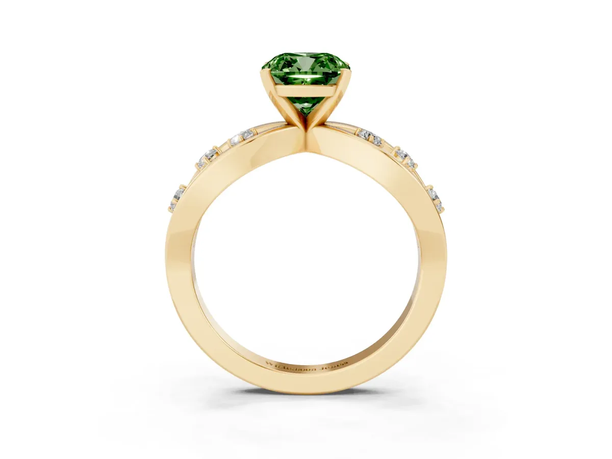 Fancy Green Cushion Cut Cut Solitaire Diamond with Side Stones on Criss-Cross Band and Four-Prong Setting Yellow gold