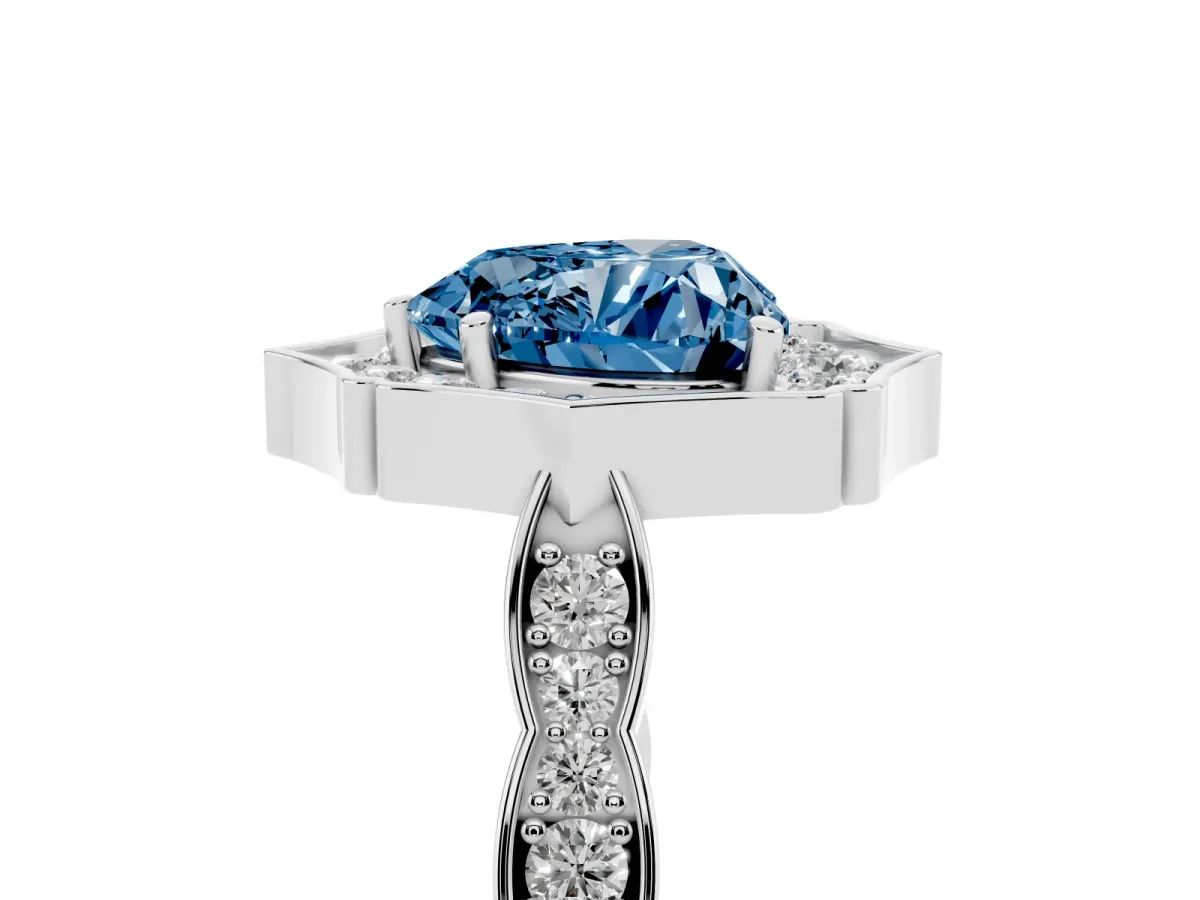 Fancy Blue Heart Cut Halo Diamond Engagement Ring with Milgrain Band and Four-Prong Setting White gold