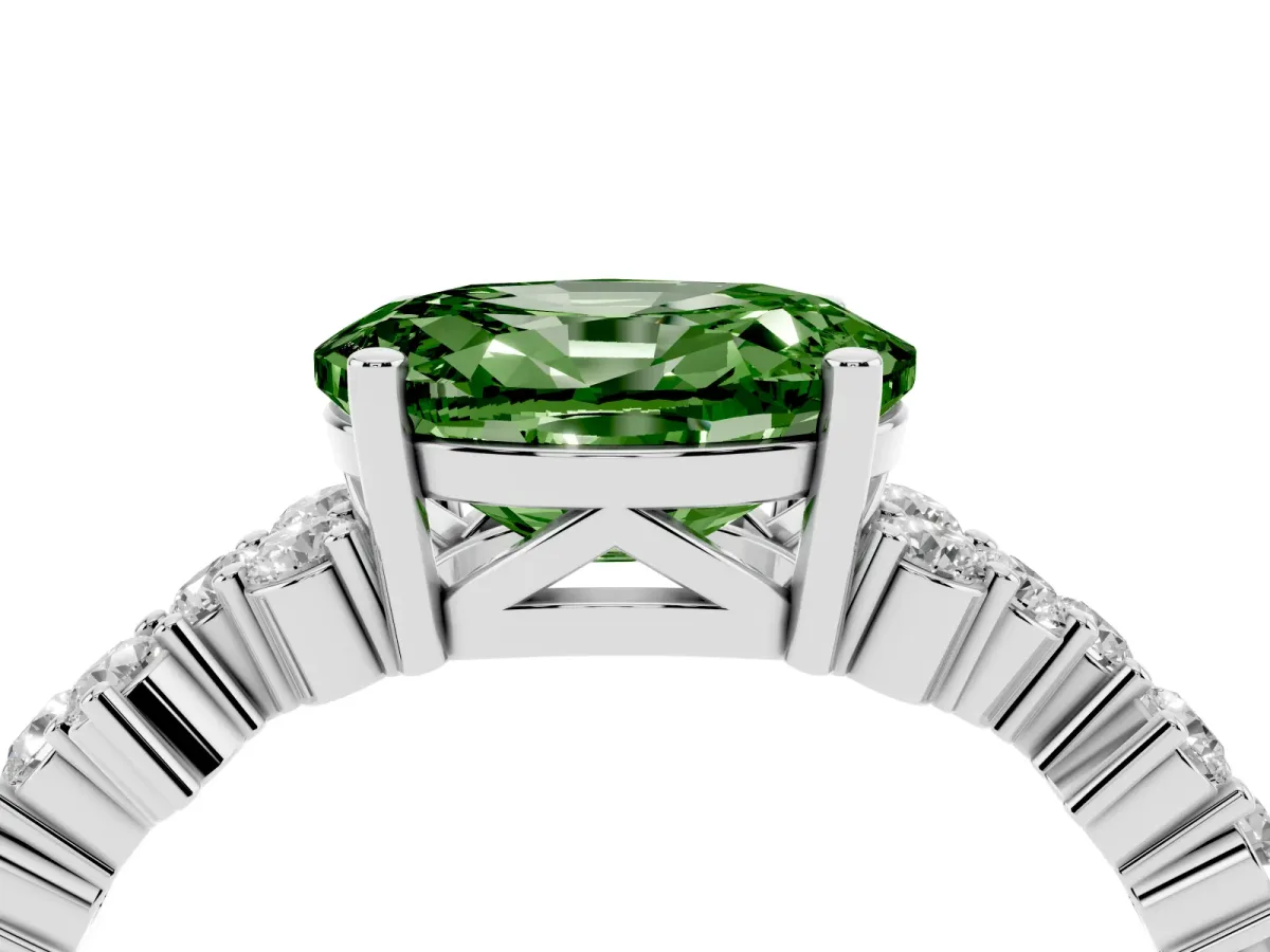 Fancy Green Oval Cut Diamond Scattered Round Accent Ring with Prong Setting Silver