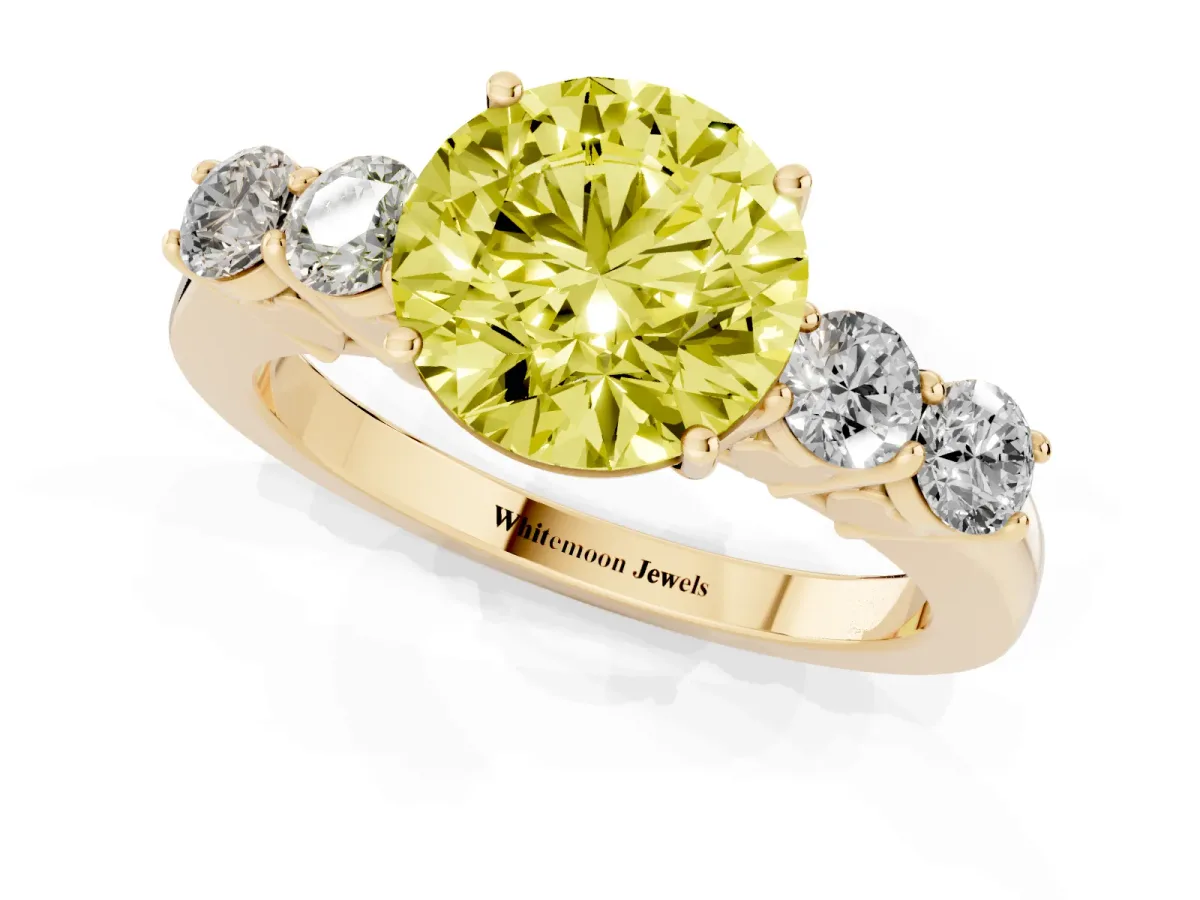 Fancy Yellow Round Cut Cut Diamond Five-Stone Prong Set White Gold Ring Yellow gold
