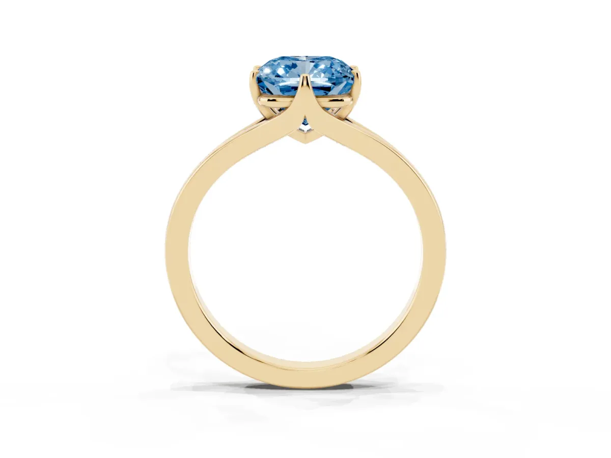 Fancy Blue Cushion Cut Solitaire Diamond Ring with Six-Prong Setting and Tapered Band Yellow gold
