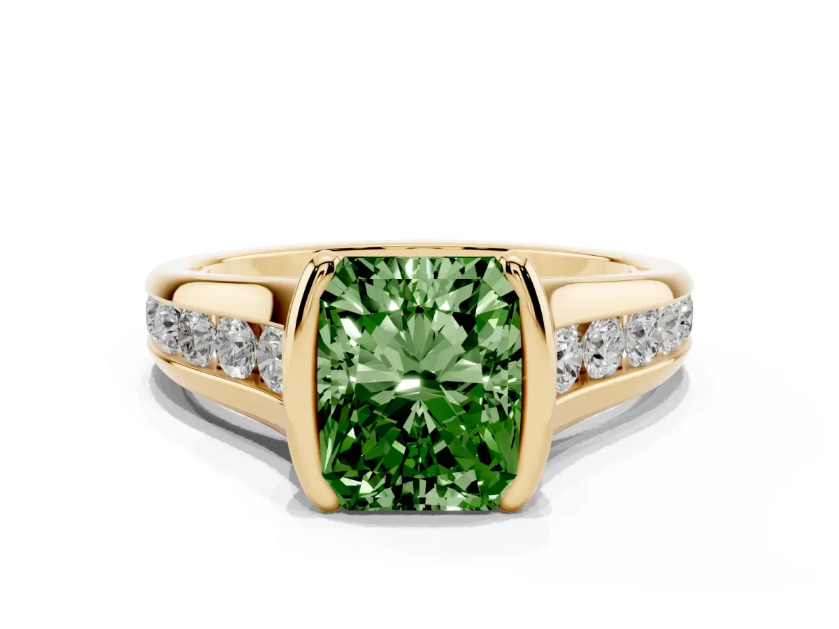 Fancy Green Radiant Cut Solitaire Bezel-Set Diamond Ring with Channel-Set Band Yellow gold