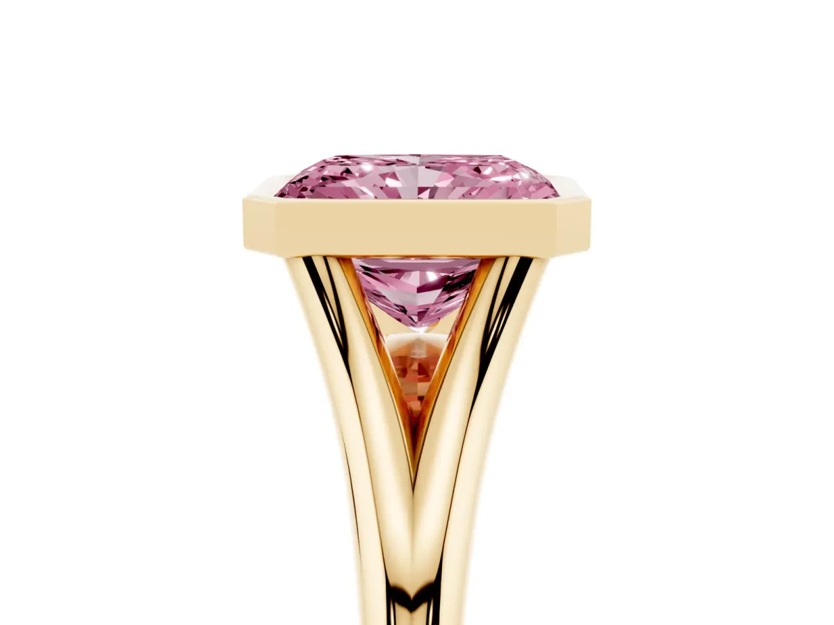 Fancy Pink Bezel Set Radiant Cut Cut Solitaire Ring with Tapered Band Yellow gold