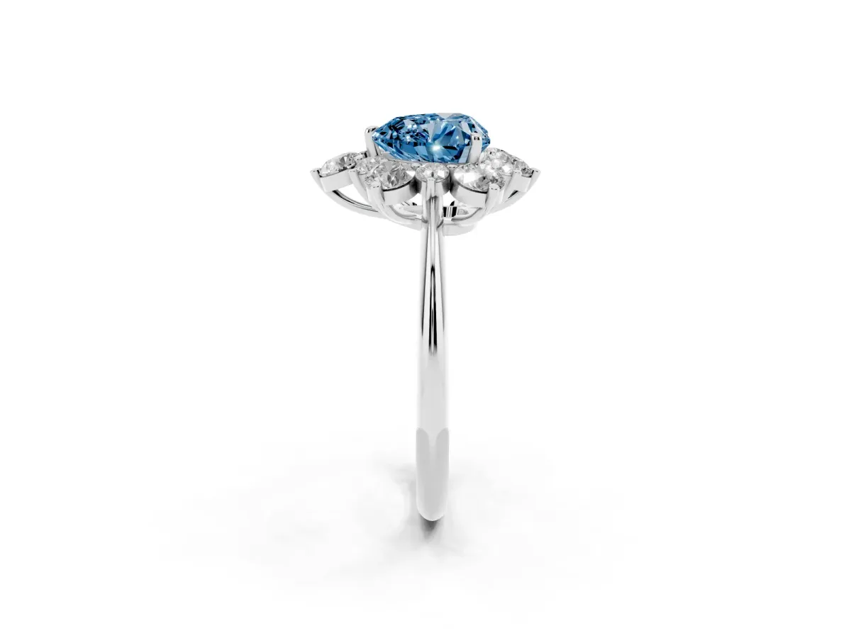 Fancy Blue Heart Cut Diamond Cluster Halo Ring with Solitaire Band and Four-Prong Setting White gold