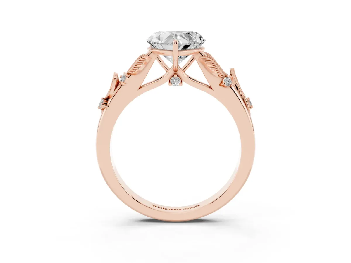 Heart Cut Diamond Solitaire Ring with Leaf Motif Band and Four-Prong Setting Rose gold