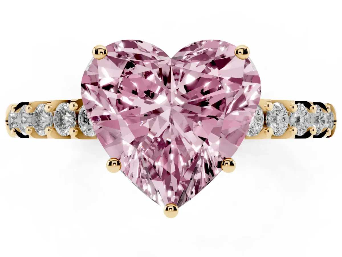 Fancy Pink Heart Cut Solitaire Diamond Engagement Ring with Pavé Band and Six-Prong Setting Yellow gold