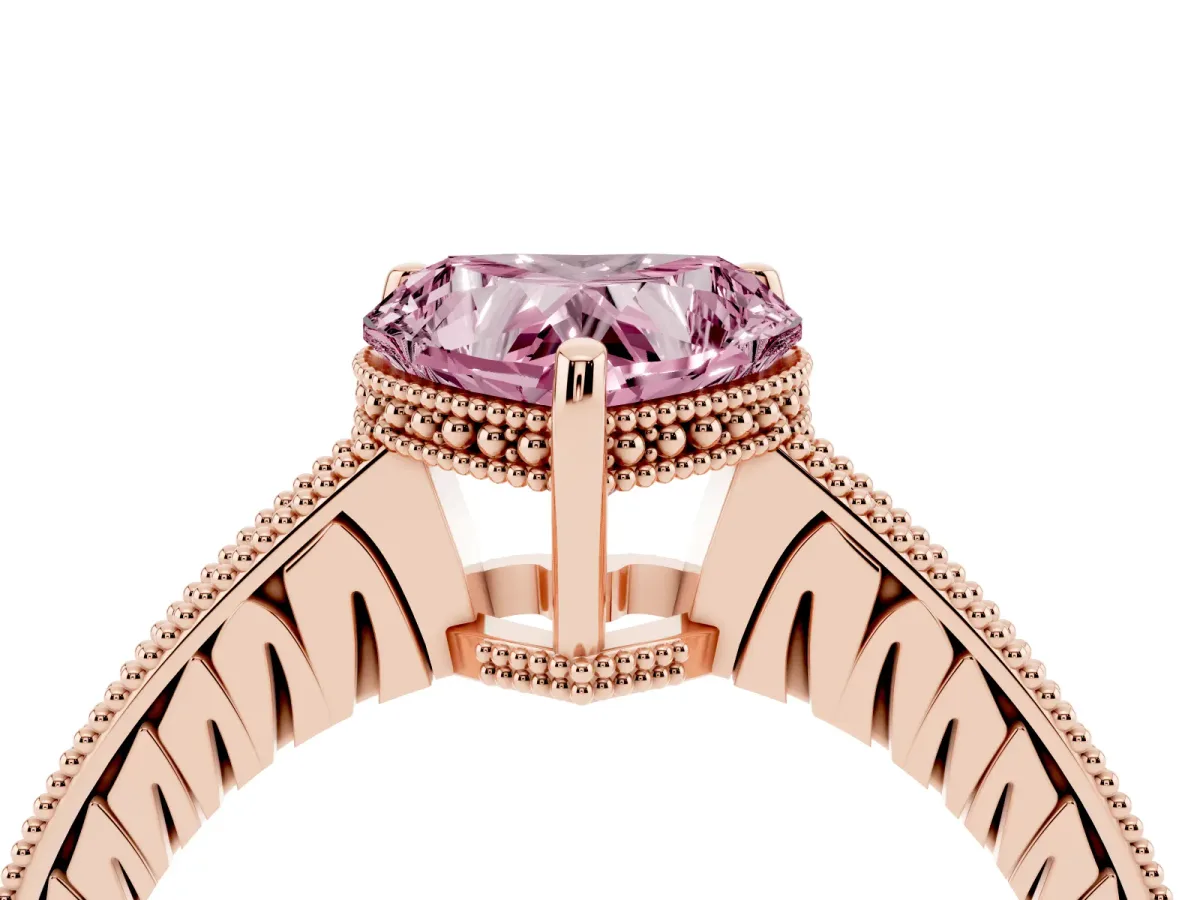 Fancy Pink Heart Cut Solitaire Pavé Diamond Milgrain Engagement Ring with Four-Prong Setting Rose gold