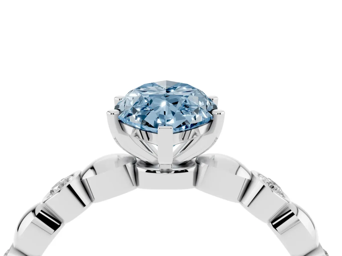 Fancy Blue Marquise Cut Solitaire Bezel-Set Diamond Ring with Beaded Band and Four-Prong Setting Silver