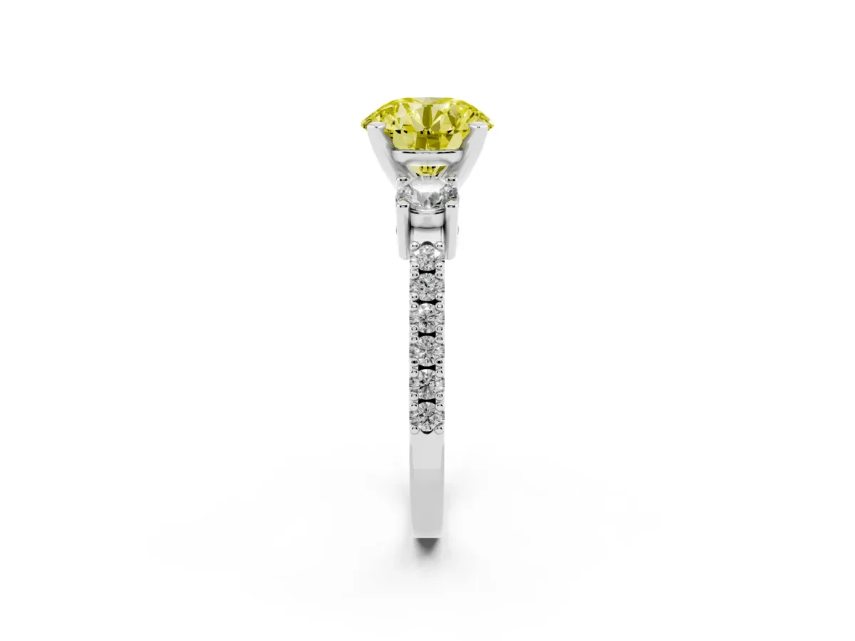 Fancy Yellow Round Cut Three-Stone Diamond Pavé Band with Prong Setting Silver