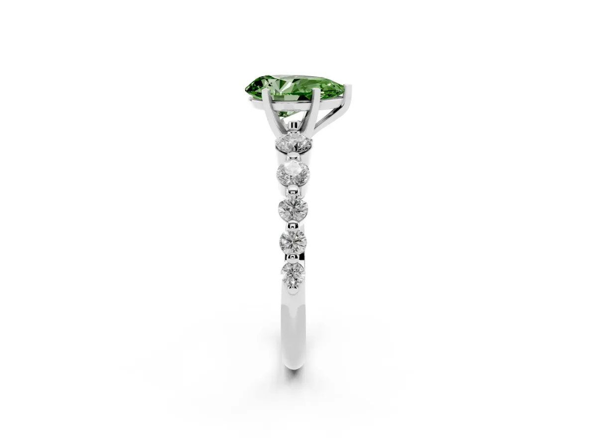 Fancy Green Pear Cut Solitaire Diamond Ring with Pave Band and Four-Prong Setting Silver