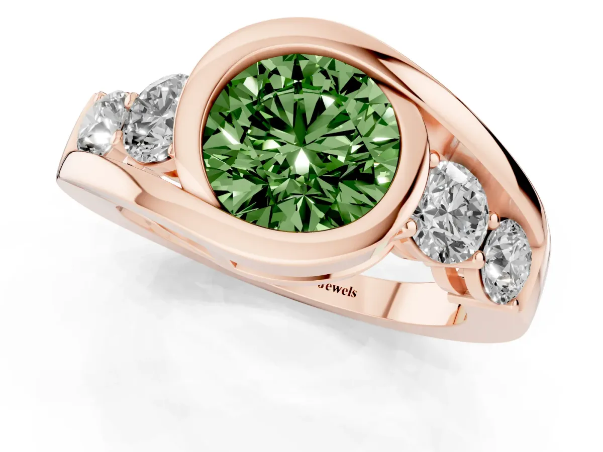 Fancy Green Bezel Set Round Cut Diamond Bypass Ring with Round Accents Rose gold