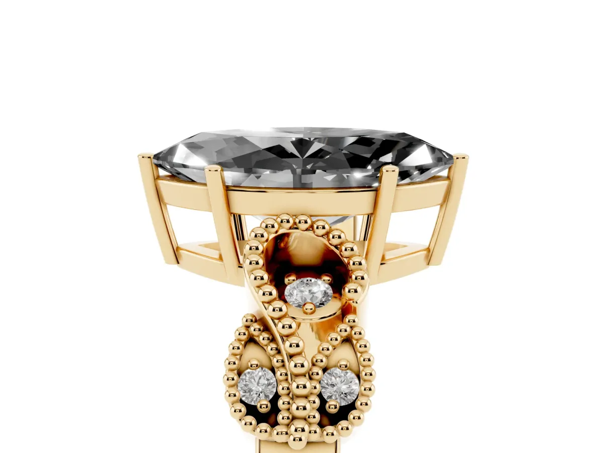Fancy Black Marquise Cut Solitaire Milgrain Leaf Band with Prong Setting Yellow gold