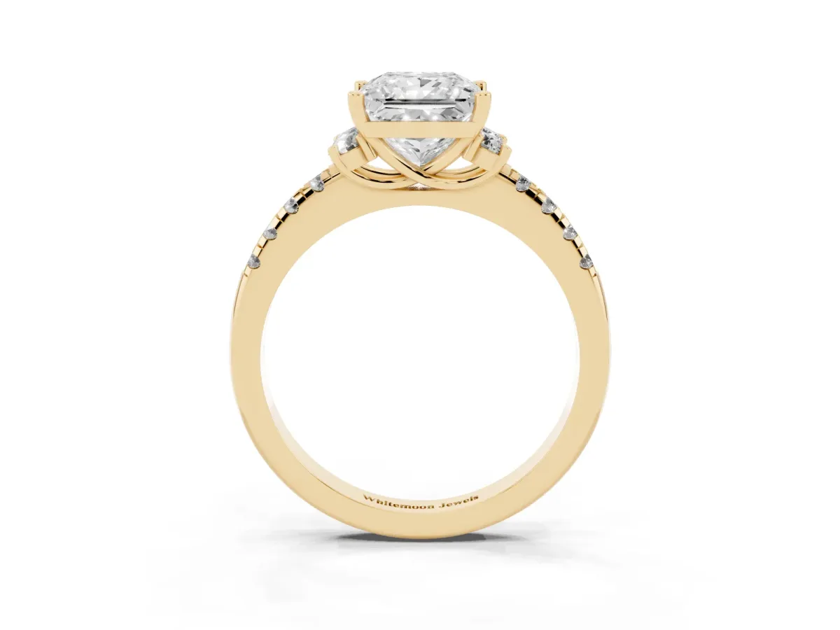 Princess Cut Diamond Three-Stone Pave Band with Four-Prong Setting Yellow gold