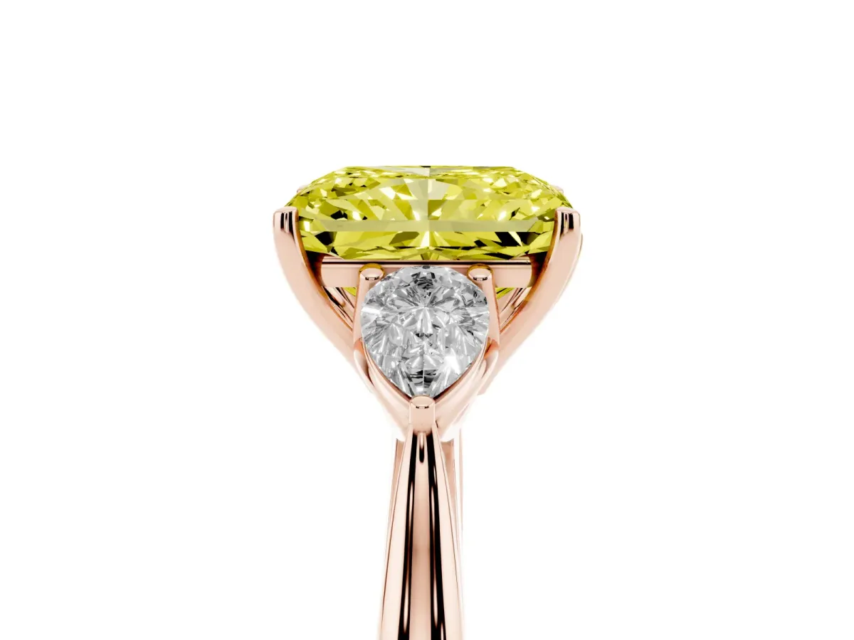 Fancy Yellow Radiant Cut Diamond Three-Stone Ring with Pear Side Stones and Prong Setting Rose gold