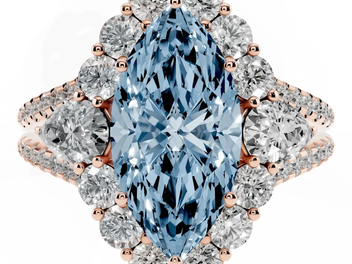 Fancy Blue Marquise Cut Halo Split Shank Diamond Engagement Ring with Prong Setting Rose gold
