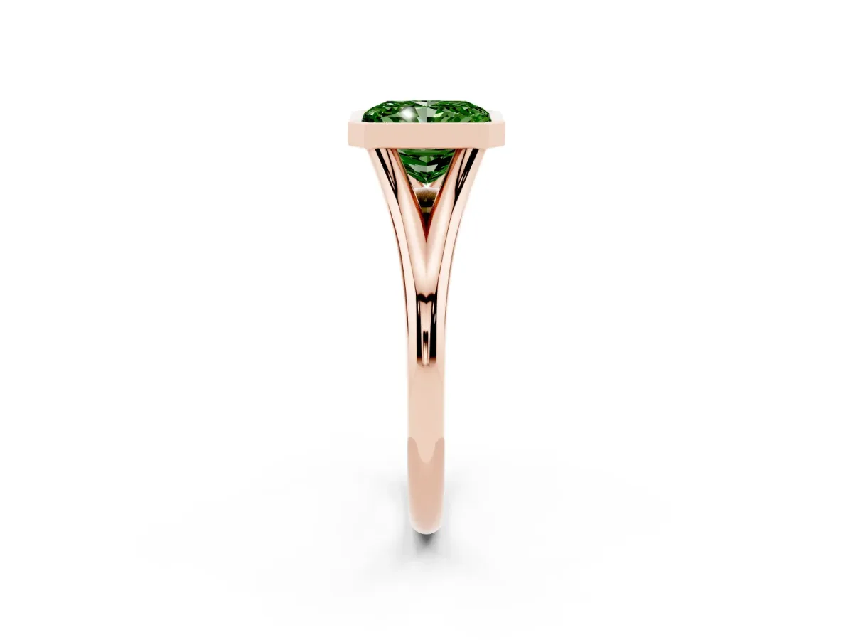 Fancy Green Bezel Set Radiant Cut Cut Solitaire Ring with Tapered Band Rose gold