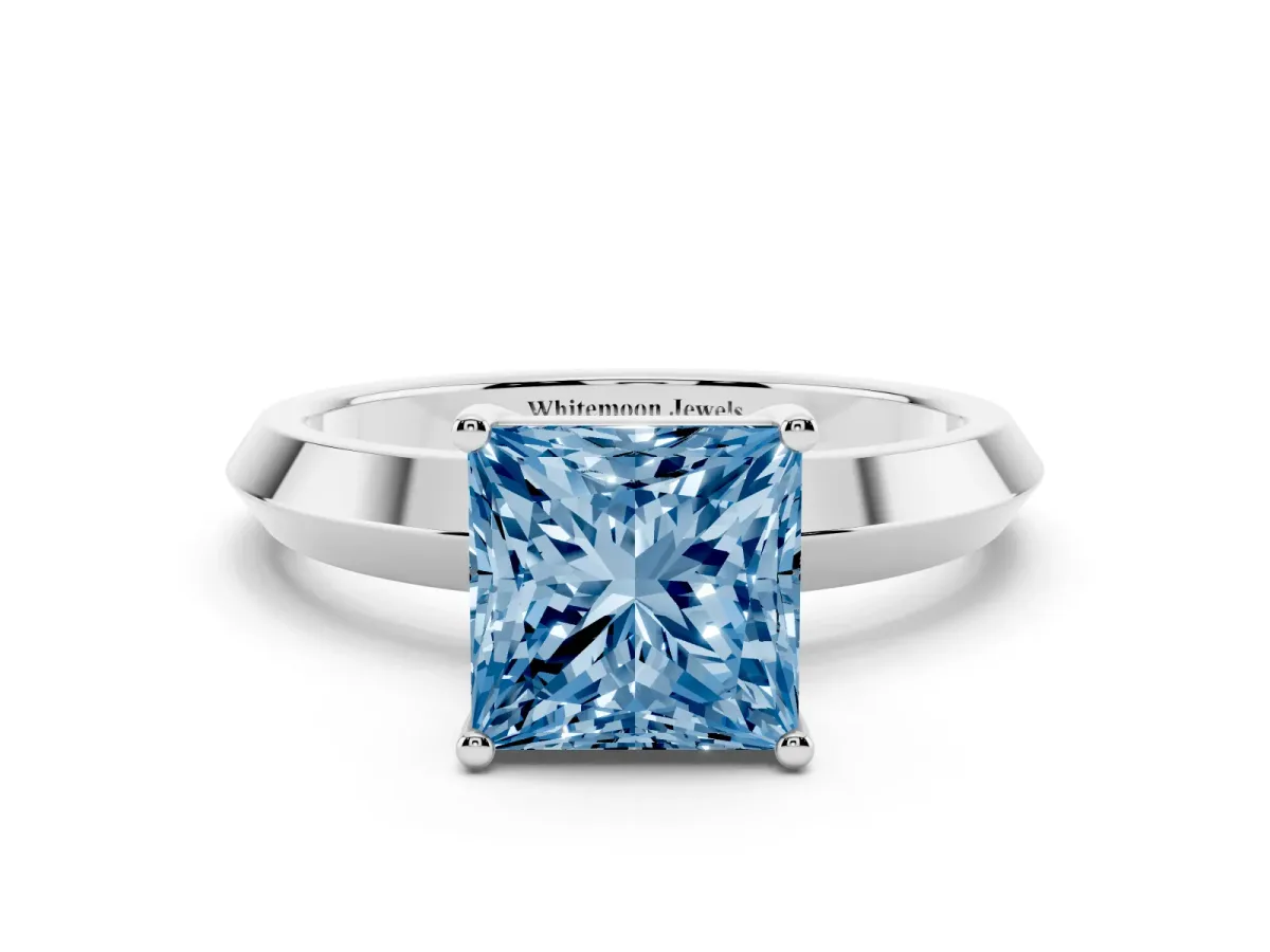 Fancy Blue Princess Cut Cut Solitaire Engagement Ring with Flat Band and Four-Prong Setting Silver