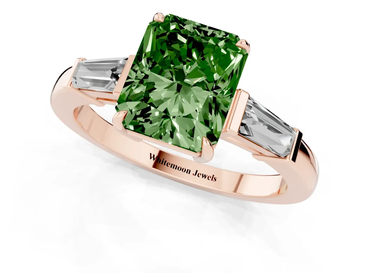 Fancy Green Radiant Cut Diamond Three-Stone Ring with Tapered Baguette Side Stones and Prong Setting Rose gold