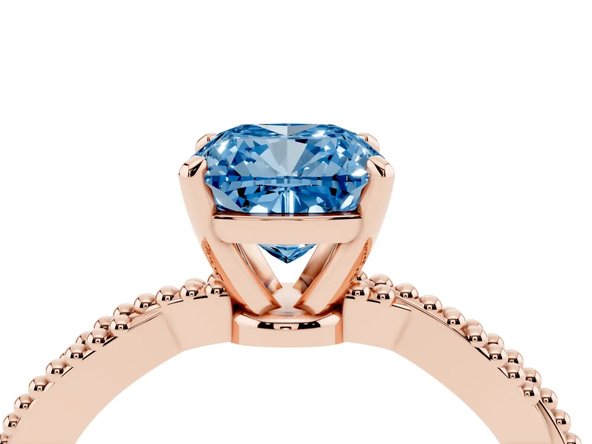 Fancy Blue Cushion Cut Solitaire Twisted Band with Bead Prong Setting Rose gold