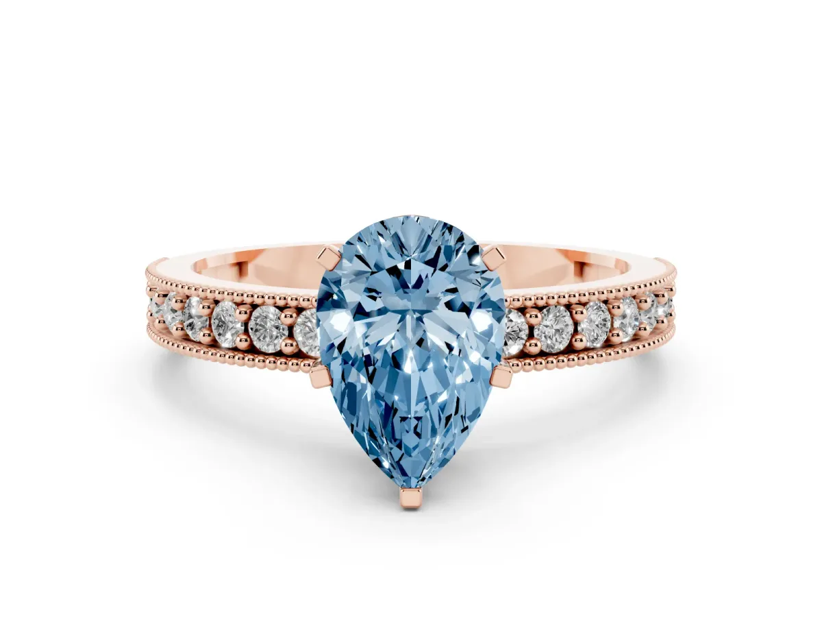 Fancy Blue Pear Cut Diamond Milgrain Pavé Engagement Ring with Four-Prong Setting Rose gold