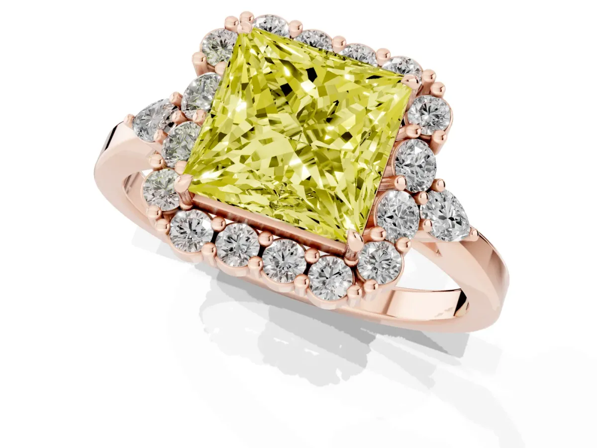 Fancy Yellow Princess Cut Diamond Halo Ring with Pear Side Stones and Prong Setting Rose gold