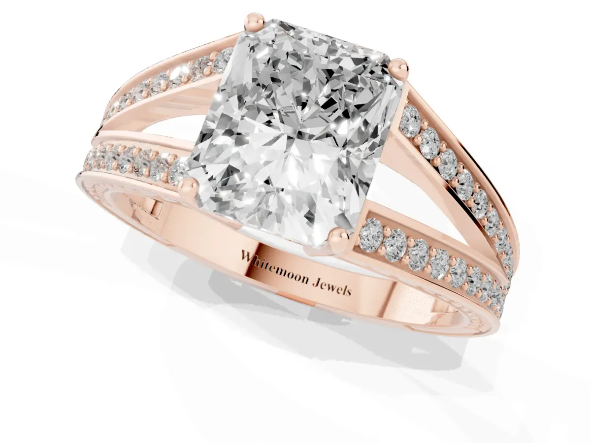 Radiant Cut Diamond Split Shank Ring with Pavé Band and Four-Prong Setting Rose gold