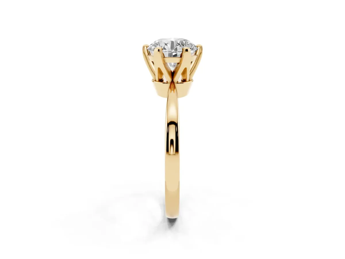 Round Cut Solitaire Engagement Ring with Six-Prong Setting and Tapered Band Yellow gold