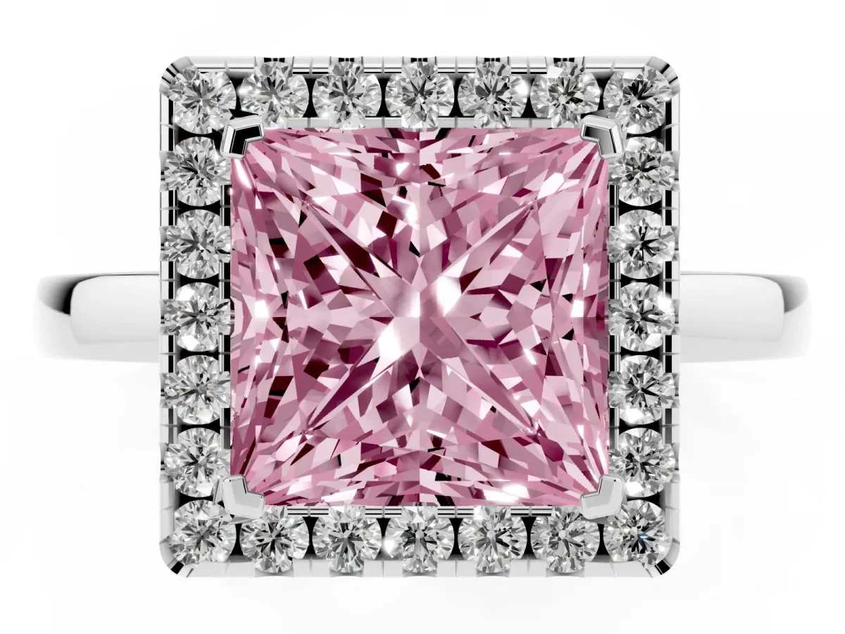 Fancy Pink Princess Cut Halo Diamond Solitaire with Pavé Band and Four-Prong Setting Platinum