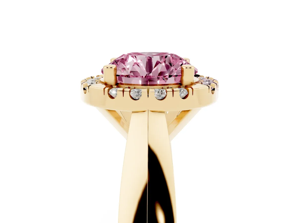 Fancy Pink Round Cut Cut Halo Solitaire Engagement Ring with Square Band and Four-Prong Setting Yellow gold