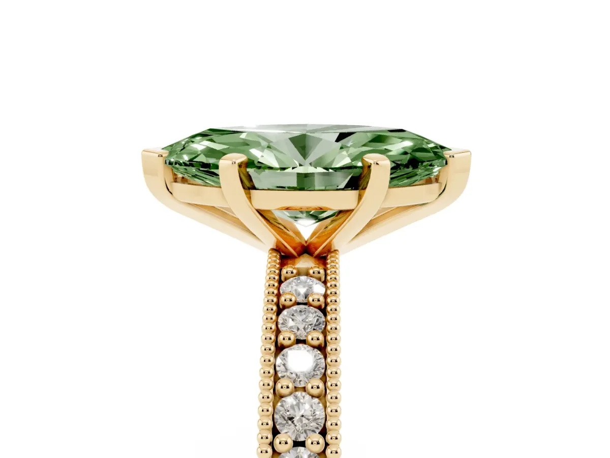 Fancy Green Marquise Cut Diamond Milgrain Pavé Engagement Ring with Four-Prong Setting Yellow gold