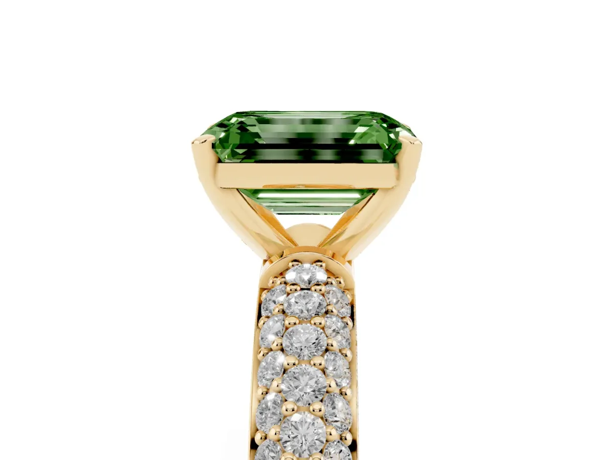 Fancy Green Emerald Cut Diamond Solitaire Ring with Prong Setting and Pavé Band Yellow gold