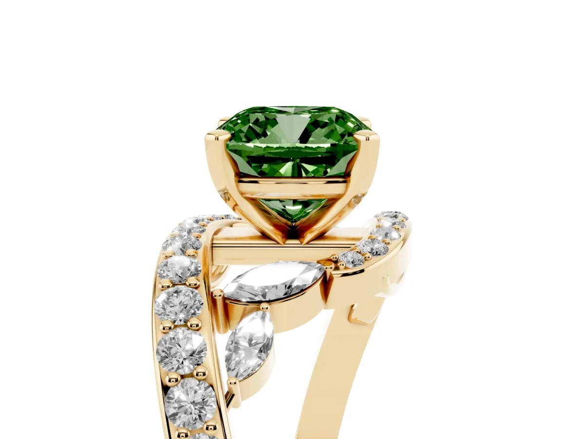 Fancy Green Cushion Cut Solitaire with Pavé Twist Band and Four-Prong Setting Yellow gold