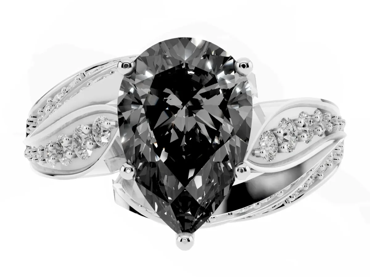 Fancy Black Pear Cut Diamond Solitaire Ring with Prong Setting and Twisted Pavé Band Silver