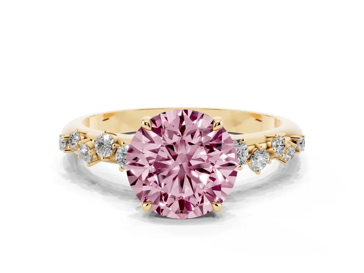 Fancy Pink Round Cut Diamond Cluster Prong-Set Solitaire Ring Yellow gold