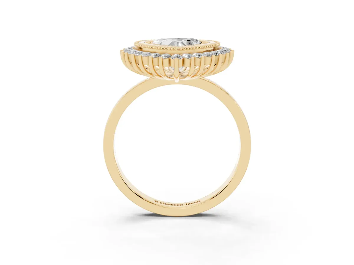 Heart Cut Halo Diamond Ring with Milgrain Edge and Round Prong Setting Yellow gold
