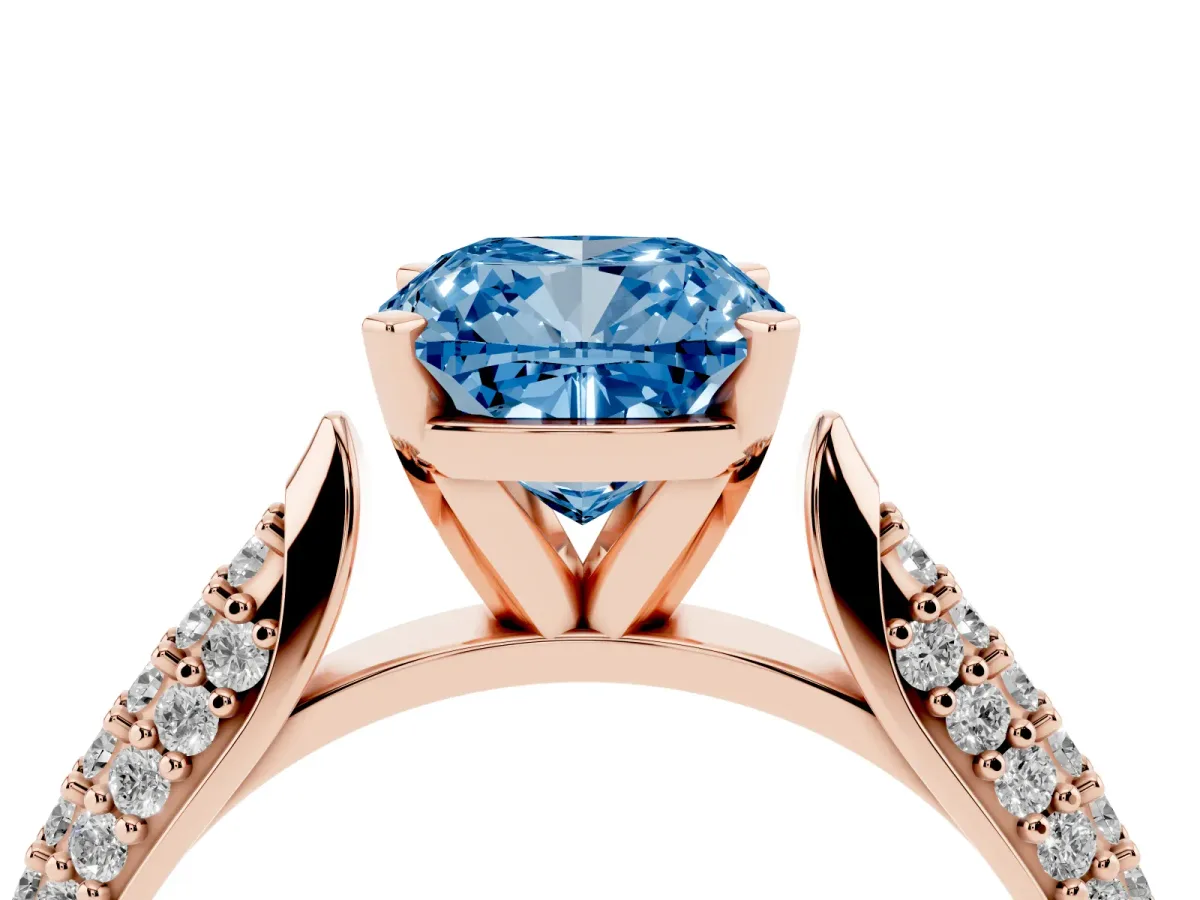 Fancy Blue Cushion Cut Diamond Solitaire Engagement Ring with Multi-Row Round Pavé Band and Prong Setting Rose gold