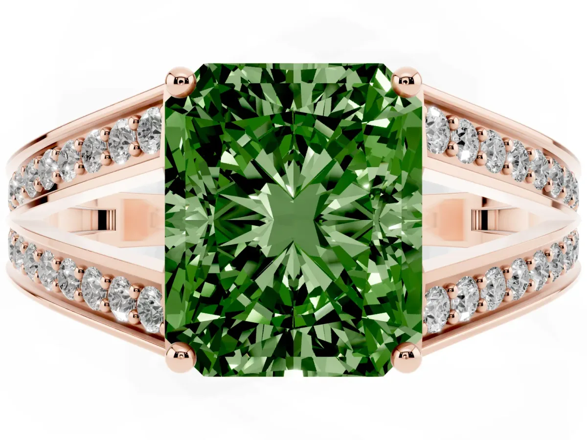 Fancy Green Radiant Cut Diamond Split Shank Ring with Pavé Band and Four-Prong Setting Rose gold