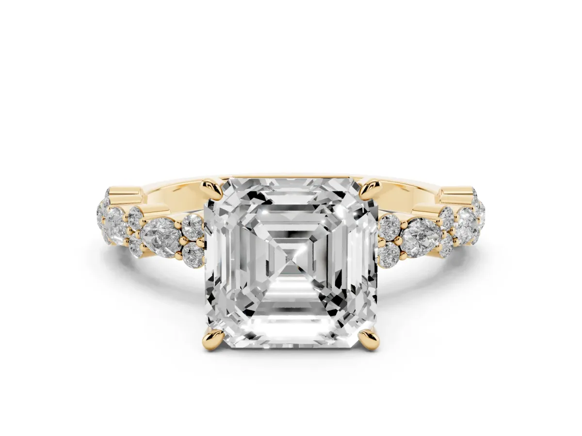 Asscher Cut Diamond Side Stone Solitaire Ring with Round and Four-Prong Setting Yellow gold