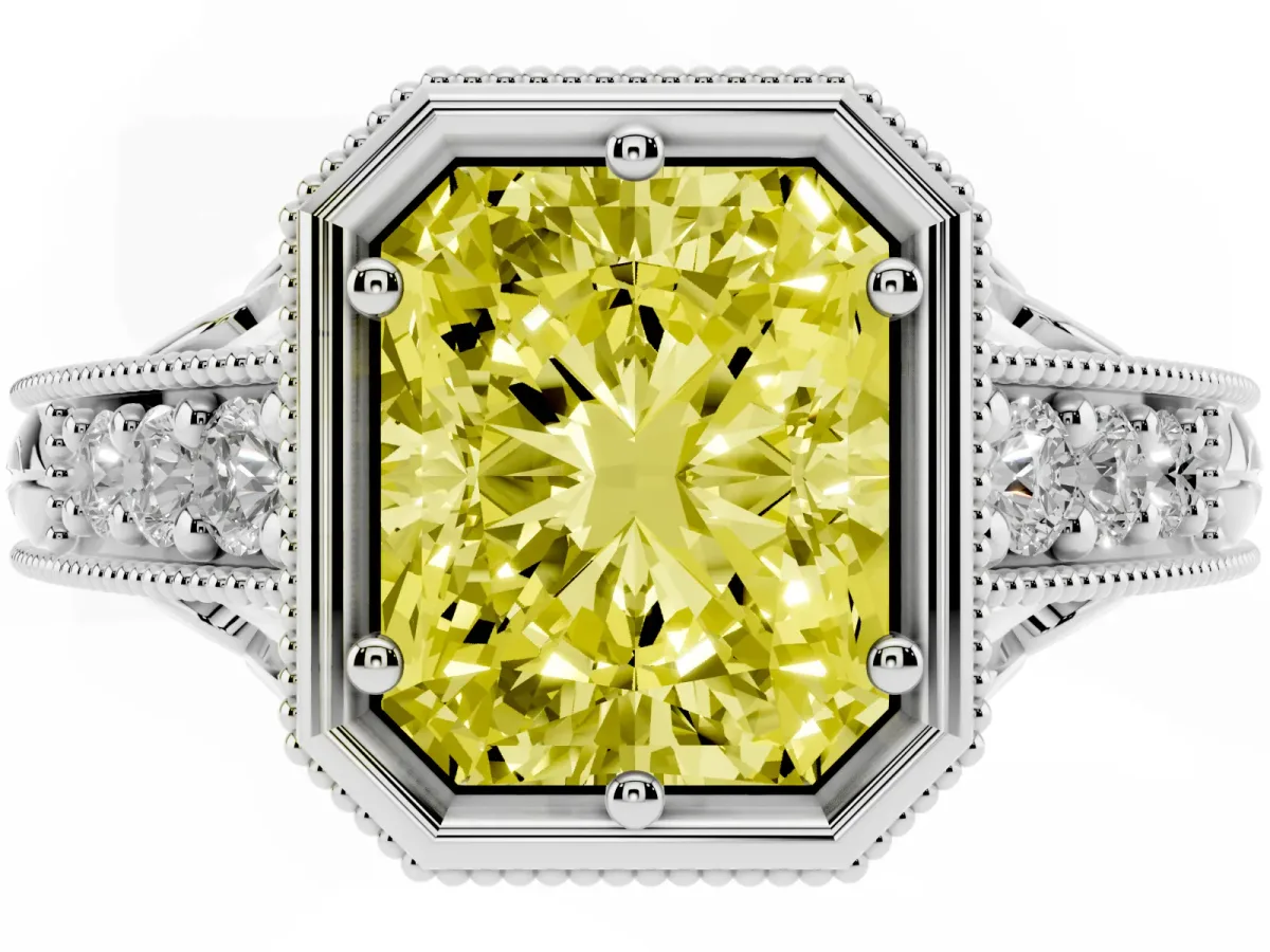 Fancy Yellow Bezel Set Radiant Cut Diamond Milgrain Pave Engagement Ring Silver