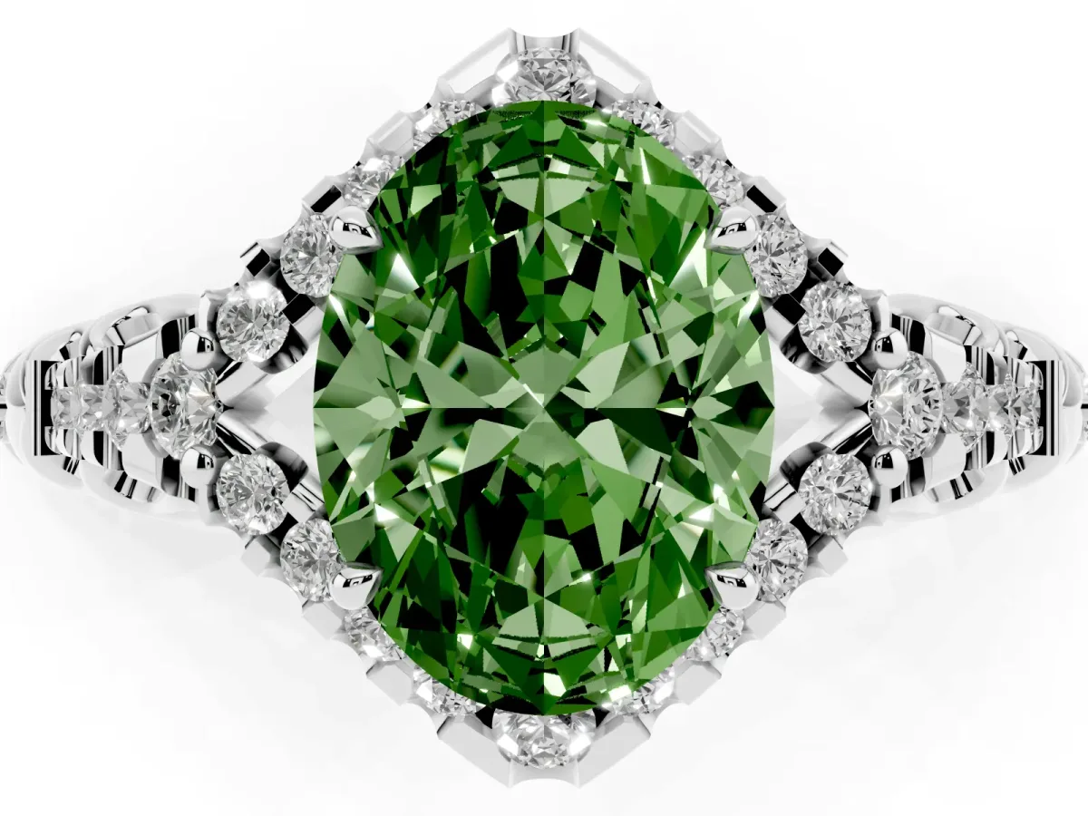 Fancy Green Oval Cut Diamond Solitaire Ring with Hidden Halo and Pavé Band Silver